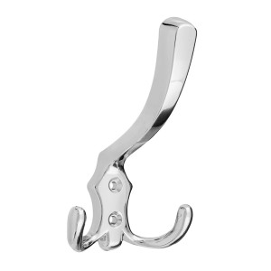 Błyszczący, srebrny wieszak meblowy na ubrania z dwoma ramionami haczyków.