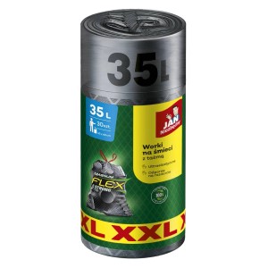 Rolka czarnych worków na śmieci, 35L, ze sznurkiem. Odporne na rozerwanie i elastyczne.