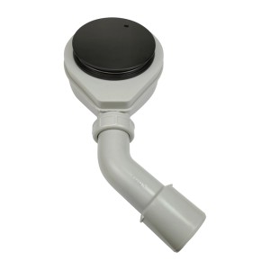 Szary syfon umywalkowy z czarnym korkiem, widok z góry.