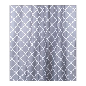 Szara zasłona prysznicowa z białym marokańskim wzorem.