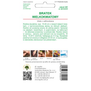 Opakowanie nasion bratka wielkokwiatowego (Viola wittrockiana) z informacjami o uprawie.