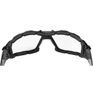 Okulary ochronne t.b.t. z czarną ramką i przezroczystymi szkłami.