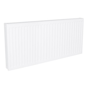 Biały grzejnik t.b.t. z pionowymi lamelami.