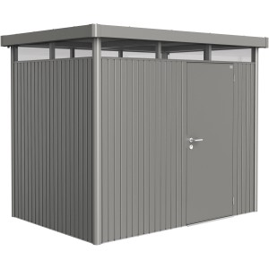 Metalowy domek narzędziowy Biohort HighLine, 4,6 m², kwarcowy szary metalik z pojedynczymi drzwiami.
