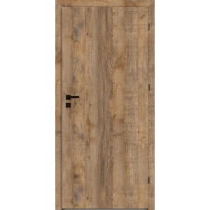 Nowoczesne drzwi wewnętrzne w kolorze drewna z czarną klamką.