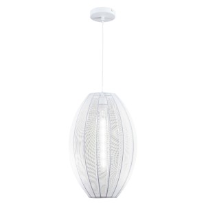 Biała lampa wisząca t.b.t. z owalnym kloszem do oświetlenia salonu.