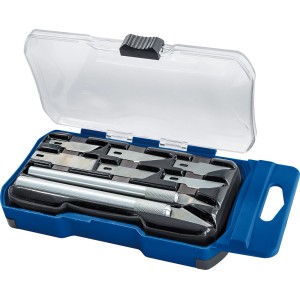 Zestaw noży precyzyjnych LUX Classic, 10 sztuk w niebieskim plastikowym pudełku z różnymi ostrzami i uchwytami.