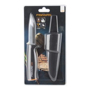 Nóż uniwersalny Fiskars K40 z pochwą, nóż wielofunkcyjny do ogrodu, na kemping i do aktywności na świeżym powietrzu.