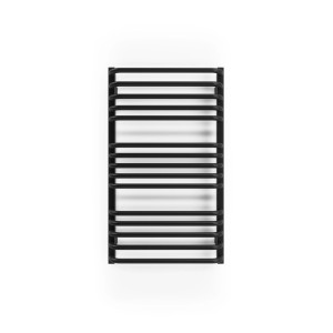 Czarny grzejnik t.b.t. z poziomymi rurami.