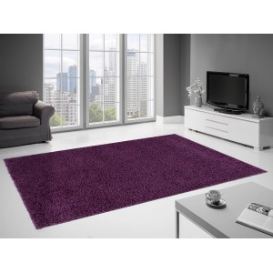 Fioletowy, prostokątny dywan shaggy t.b.t. w salonie.