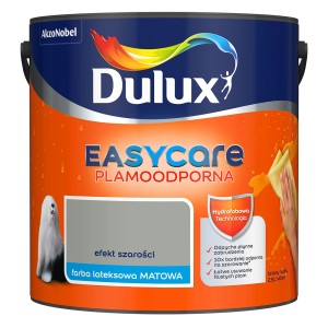 Wiadro z farbą Dulux Easycare w kolorze szarym, lateksowa, matowa i odporna na plamy.