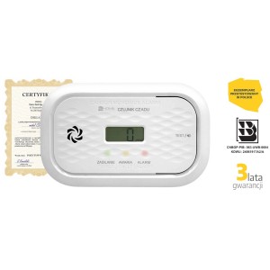 Biały czujnik tlenku węgla z wyświetlaczem i certyfikatem. Ostrzega przed tlenkiem węgla.