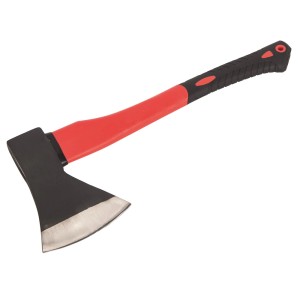 Siekiera LUX Fiberglass, 305 mm, 600 g, z czerwonym trzonkiem z włókna szklanego i czarną głowicą.