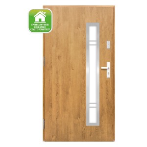 Drzwi zewnętrzne w kolorze drewna z szybą. Wejściowe drzwi do domu.