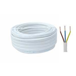 Biały kabel w izolacji z tworzywa sztucznego, zwinięty i ucięty.