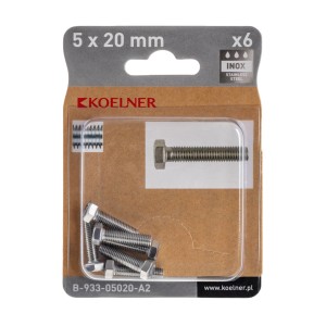 Śruby KOELNER 5x20mm, 6 sztuk, stal nierdzewna. Śruby gwintowane do różnych zastosowań.