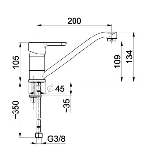 Rysunek techniczny jednouchwytowej baterii t.b.t. z wymiarami.