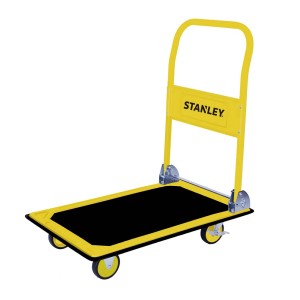 Żółty wózek warsztatowy Stanley z czarną platformą ładunkową do transportu narzędzi i materiałów.