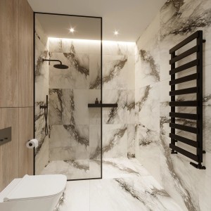 Nowoczesna łazienka z czarnym grzejnikiem t.b.t., prysznicem i marmurowymi płytkami.
