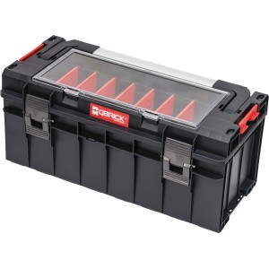 QBRICK PRO 600 Profi skrzynka narzędziowa, czarna z przezroczystą pokrywą.