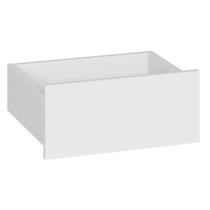 Otwarta, biała szuflada do szafy lub garderoby kompaktowej.