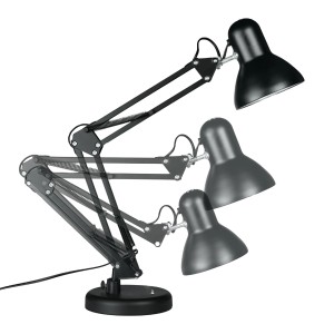 Czarna lampka biurkowa z regulowanym ramieniem w różnych pozycjach.