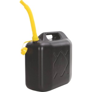 Czarny kanister na paliwo 20 l z tworzywa sztucznego z żółtym lejkiem.
