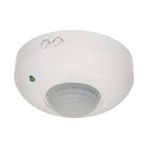 Biały czujnik ruchu t.b.t. do montażu sufitowego z pokrętłami regulacyjnymi.