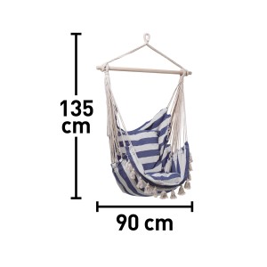 Krzesło wiszące Lytton, w paski biało-niebieskie z drewnianym drążkiem i frędzlami, wymiary 135x90 cm.