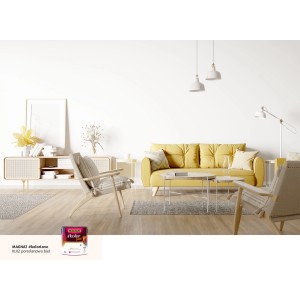 Salon z żółtą sofą i puszką farby Kolorowe farby do ścian.