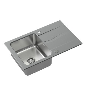 Szary zlewozmywak granitowy t.b.t. z ociekaczem i komorą.