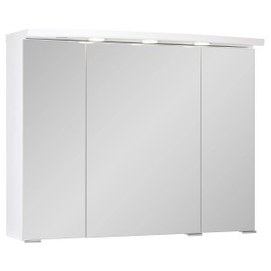 Biała szafka lustrzana t.b.t. z zestawu mebli łazienkowych z trzema drzwiami i oświetleniem.
