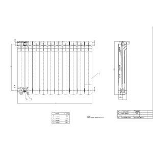 Rysunek techniczny grzejnika t.b.t. z wymiarami.