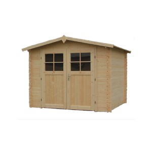 Drewniany domek ogrodowy t.b.t. z podwójnymi drzwiami i oknami. Idealny jako domek narzędziowy.