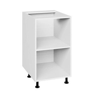 Biała szafka dolna t.b.t. z dwiema otwartymi przegrodami i czarnymi nóżkami.