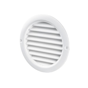Biała, okrągła kratka wentylacyjna do montażu na ścianie.