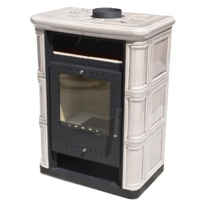 Piec kaflowy z czarnymi drzwiami i szybą.