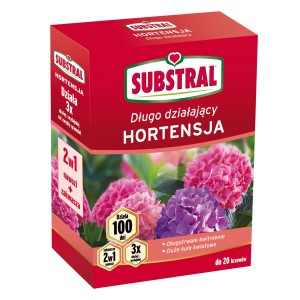 Nawóz do hortensji Substral dla długotrwałego kwitnienia i żywych kolorów.