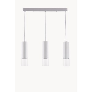 Nowoczesna biała lampa wisząca z trzema cylindrycznymi kloszami, idealna do jadalni.