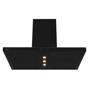 Czarny okap wyspowy t.b.t. z trzema lampkami do kuchni.