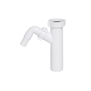 Biały syfon do zlewu z tworzywa sztucznego z bocznym odpływem.