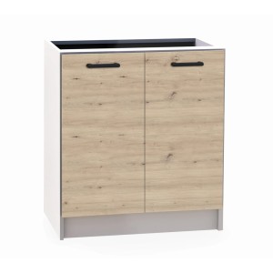 Szafka dolna z kategorii zestawy mebli kuchennych z dwojgiem drzwi w kolorze drewna i czarnymi uchwytami.