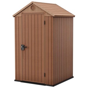 Brązowy plastikowy domek narzędziowy t.b.t. z drzwiami i dachem dwuspadowym.