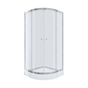 Kabina półokrągła t.b.t. z przezroczystego szkła i srebrną ramą.