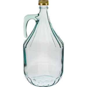 Pusta szklana butelka typu gąsior z uchwytem i złotą zakrętką do wina i innych napojów.