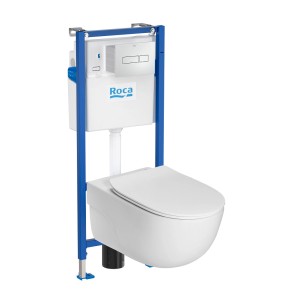 Zestaw WC wiszącego ze spłuczką i niebieską ramą montażową.