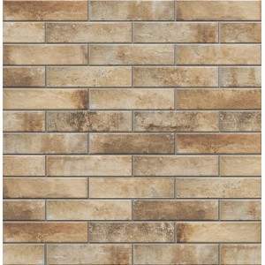 Dekoracyjna ściana z klinkieru t.b.t. w odcieniach brązu i beżu.