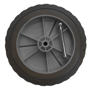 Szare koło transportowe t.b.t. ze śrubą do taczek i innych urządzeń.