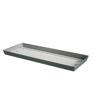 Prostokątna, szara podstawka pod doniczkę do użytku wewnętrznego.