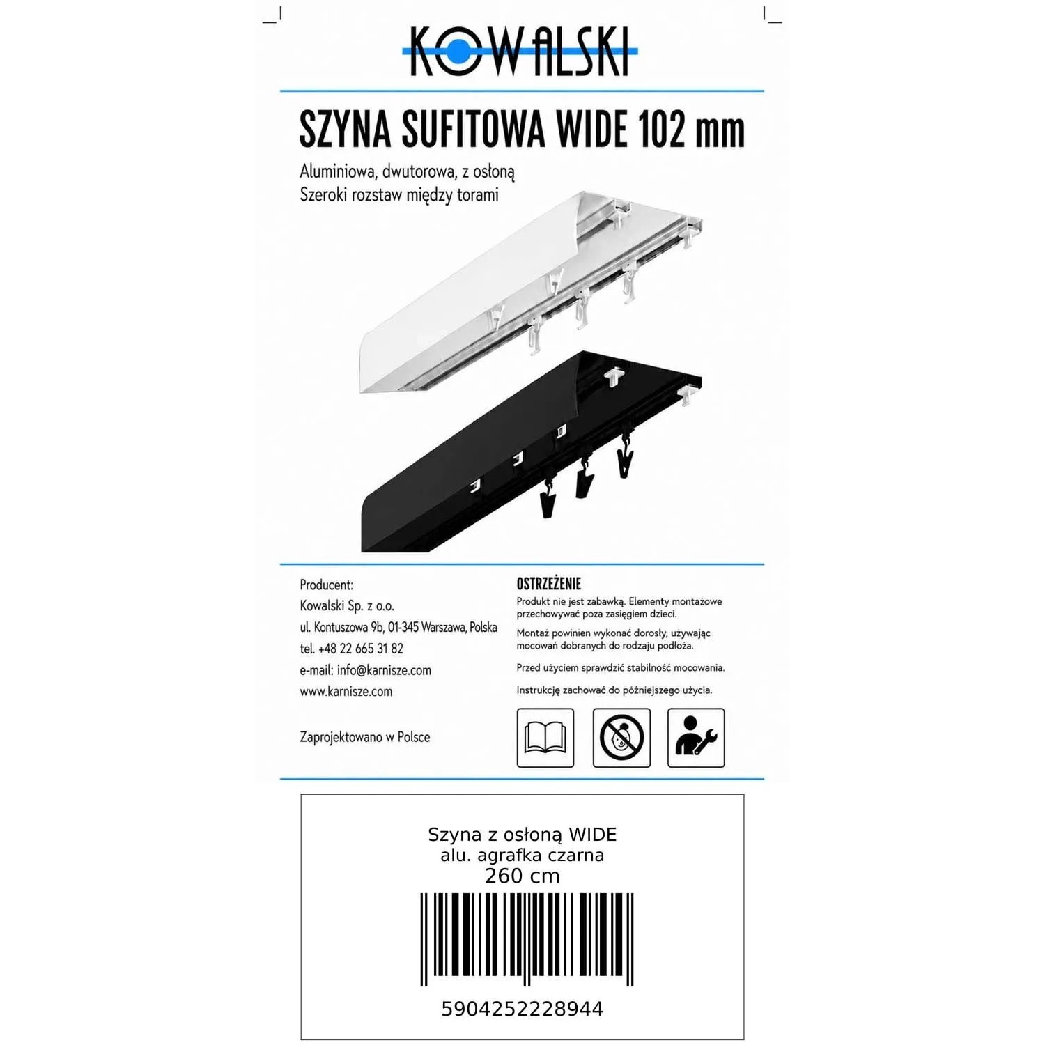 Kowalski Szyna aluminiowa z osłoną WIDE agrafka 260 cm czarna_5